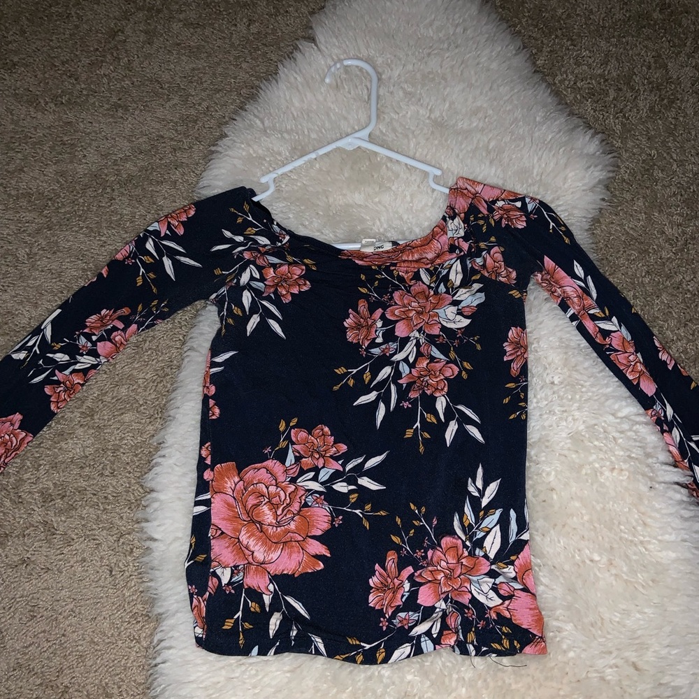 Floral navy and pink floral off the shoulder top